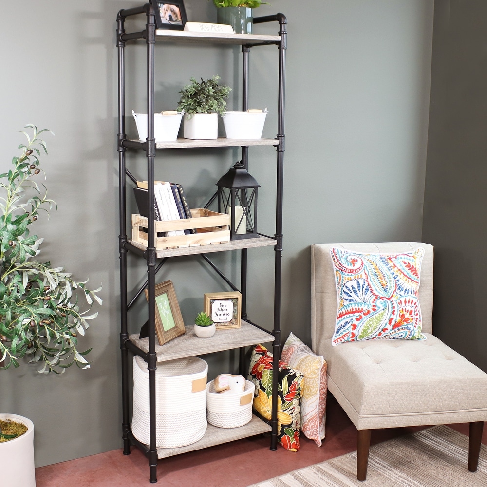 5 Tier Black Pipe Bookshelf with Wood Veneer Shelves