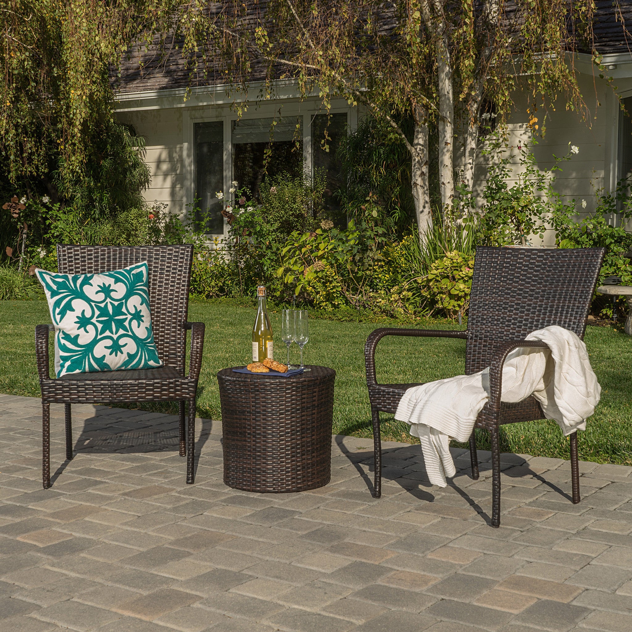 Vestavia Outdoors Brown Wicker 3 Piece Stacking Chair Chat Set