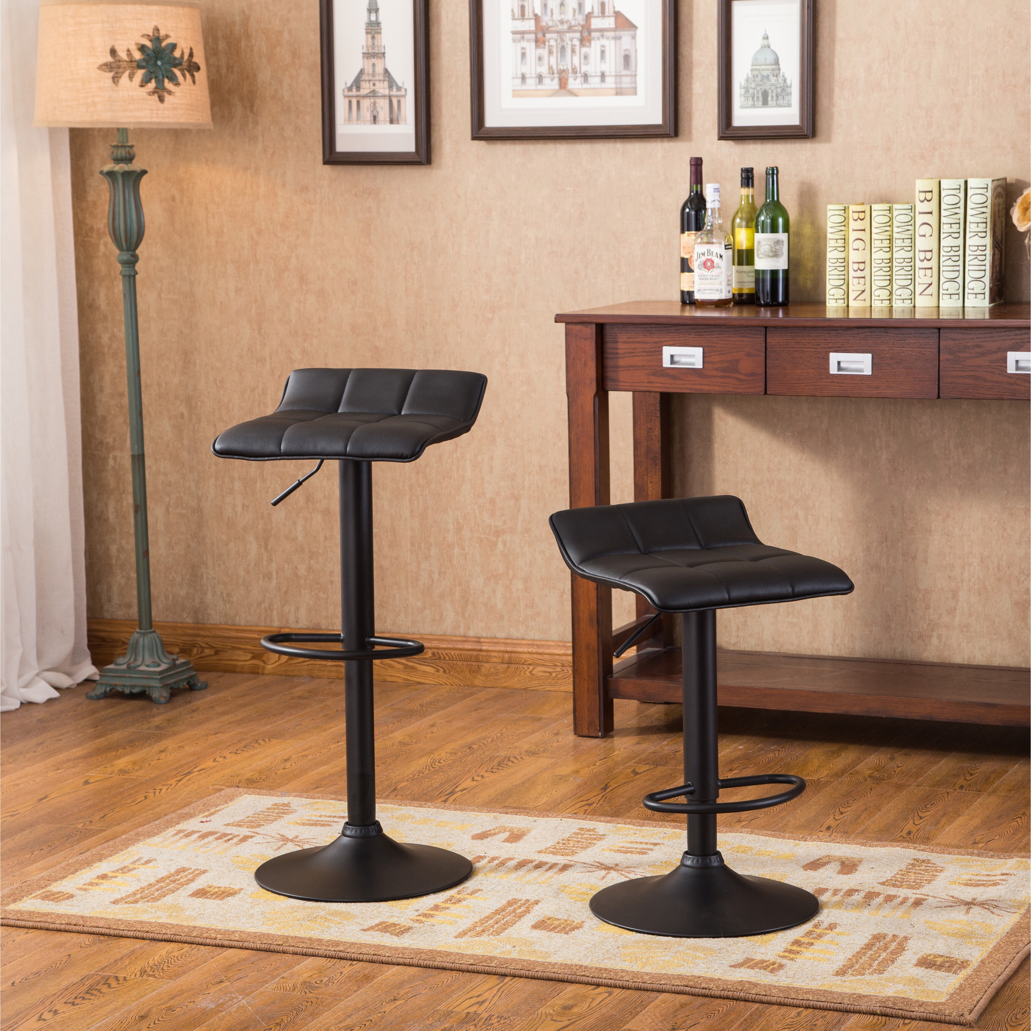 Roundhill Furniture Belham Swivel Black Bonded Leather Adjustable Bar Stool (Set of 2)