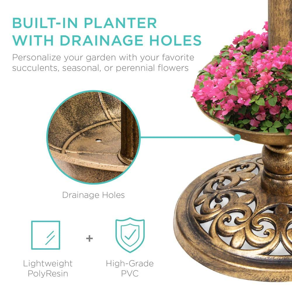 Best Choice Products Bronze Solar Lighted Pedestal Birdbath w/Planter， Integrated Panel SKY4676