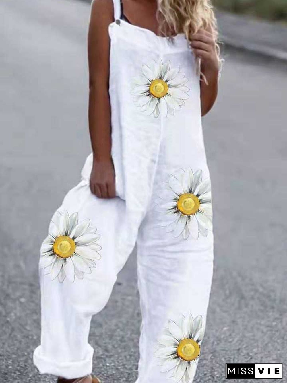 Sunflower print ladies casual cotton jumpsuit