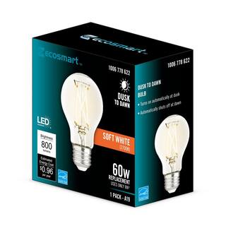 EcoSmart 60-Watt Equivalent A19 Dimmable CEC Dusk to Dawn Clear Glass Filament LED Light Bulb Soft White 11CFA1960WDTD01