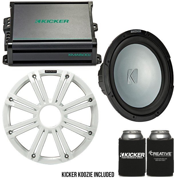 Kicker 12 Inch Led Marine Subwoofer In White With 600 Watt Amplifier Bundle