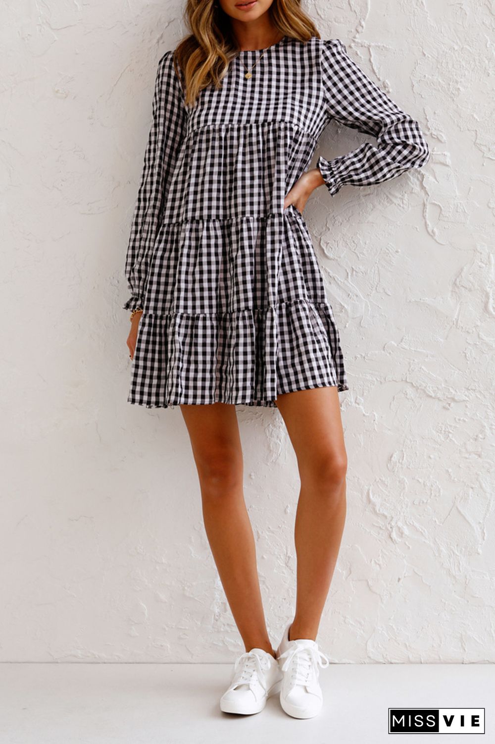 Casual Plaid Split Joint O Neck Cake Skirt Dresses