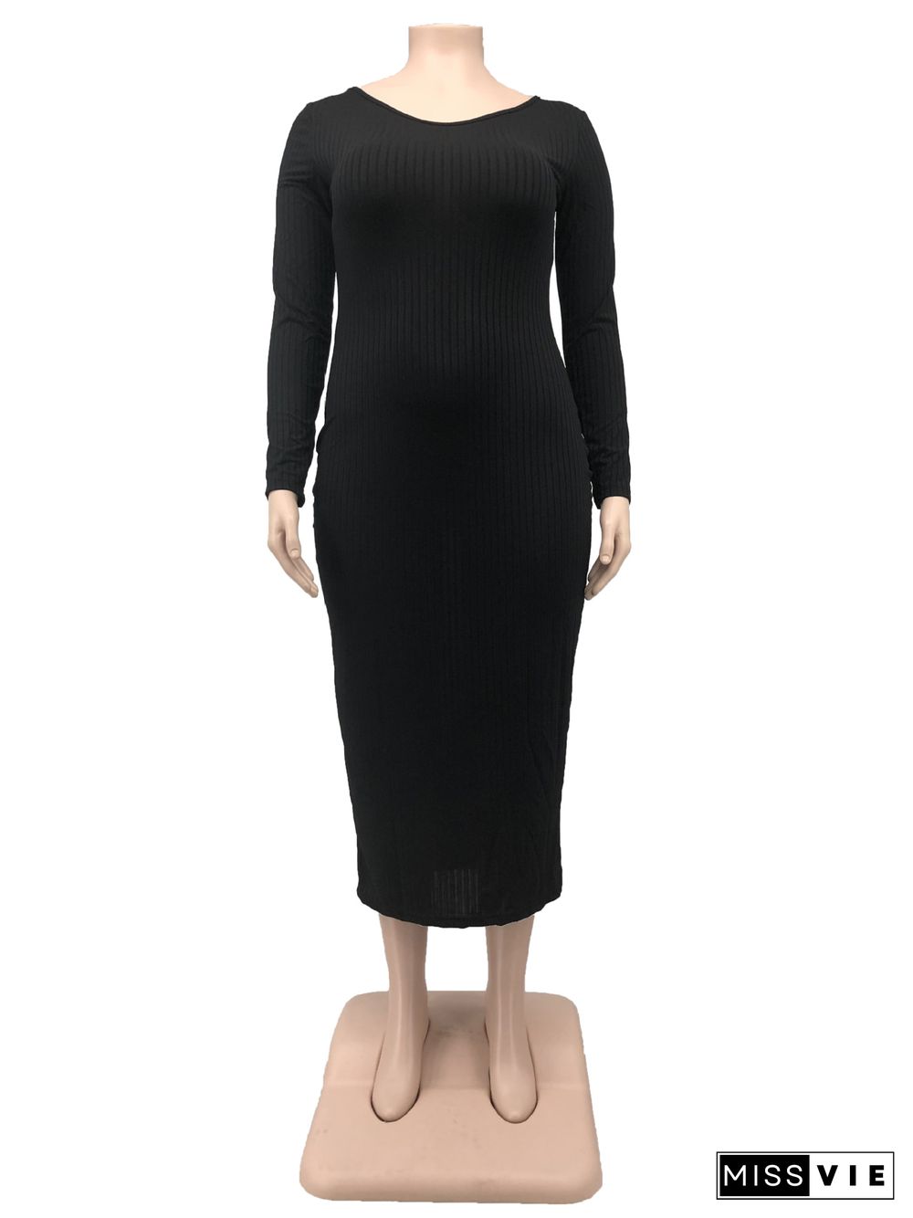 V Neck Knitted Long Sleeve Plus Size Dress