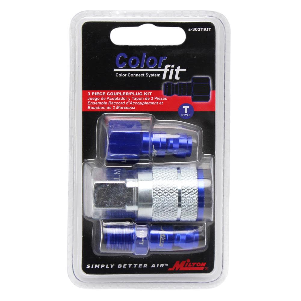 ColorFit® by Milton® S-303TKIT Coupler and Plug Kit ; (T-Style， Blue) ; 1/4 NPT， (3-Piece) ;