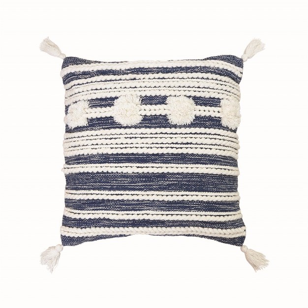 Blue And White Hand Woven 20 X 20 Inch Decorative Cotton Throw Pillow Cover With Insert And Hand Tied Braiding Pom poms And Tassels Foreside Home amp