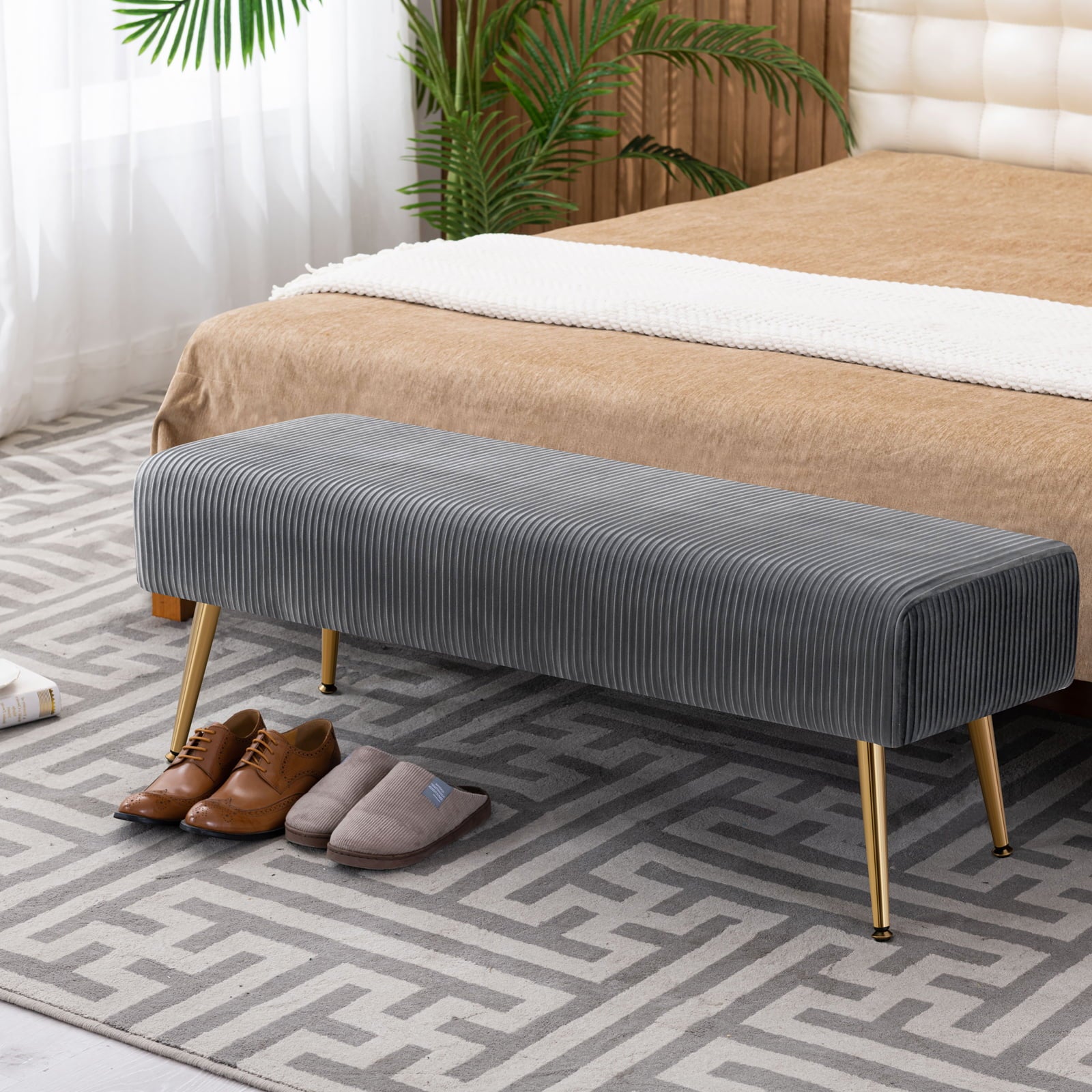 Furniliving Bedroom  Bench Modern Entryway  Bench Upholstered Ottoman Shoe Bench, Grey