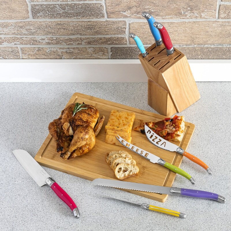 French Home 8 Piece Laguiole Kitchen Knife Set with Wood Block  Rainbow Colors