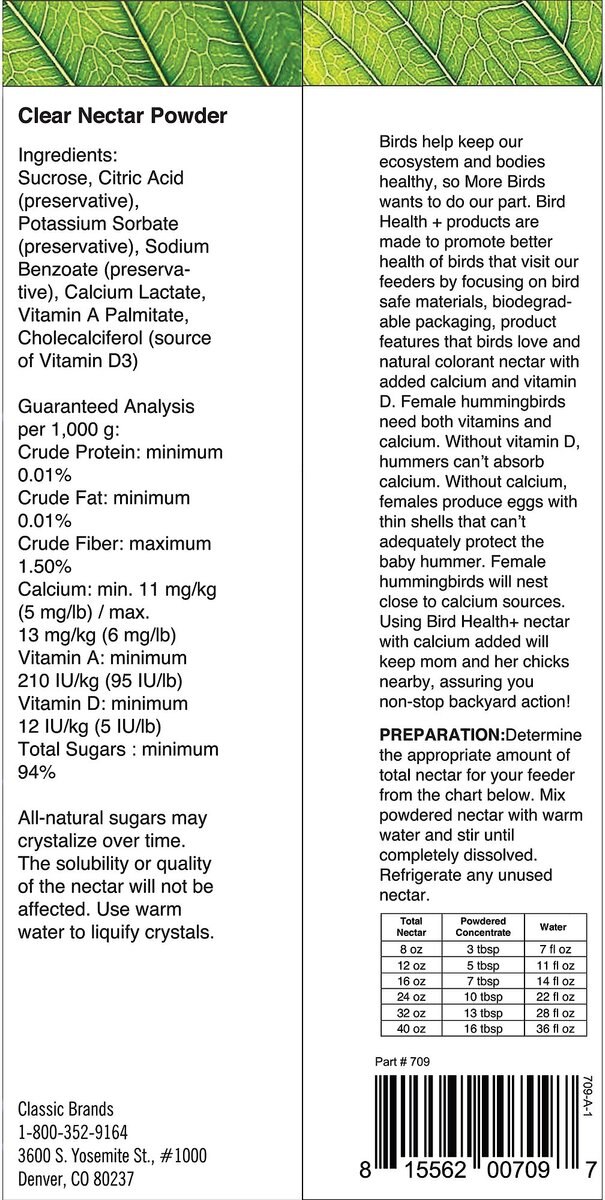 More Birds Bird Health+ Clear Powder Nectar Concentrate Hummingbird Food， 8-oz bottle