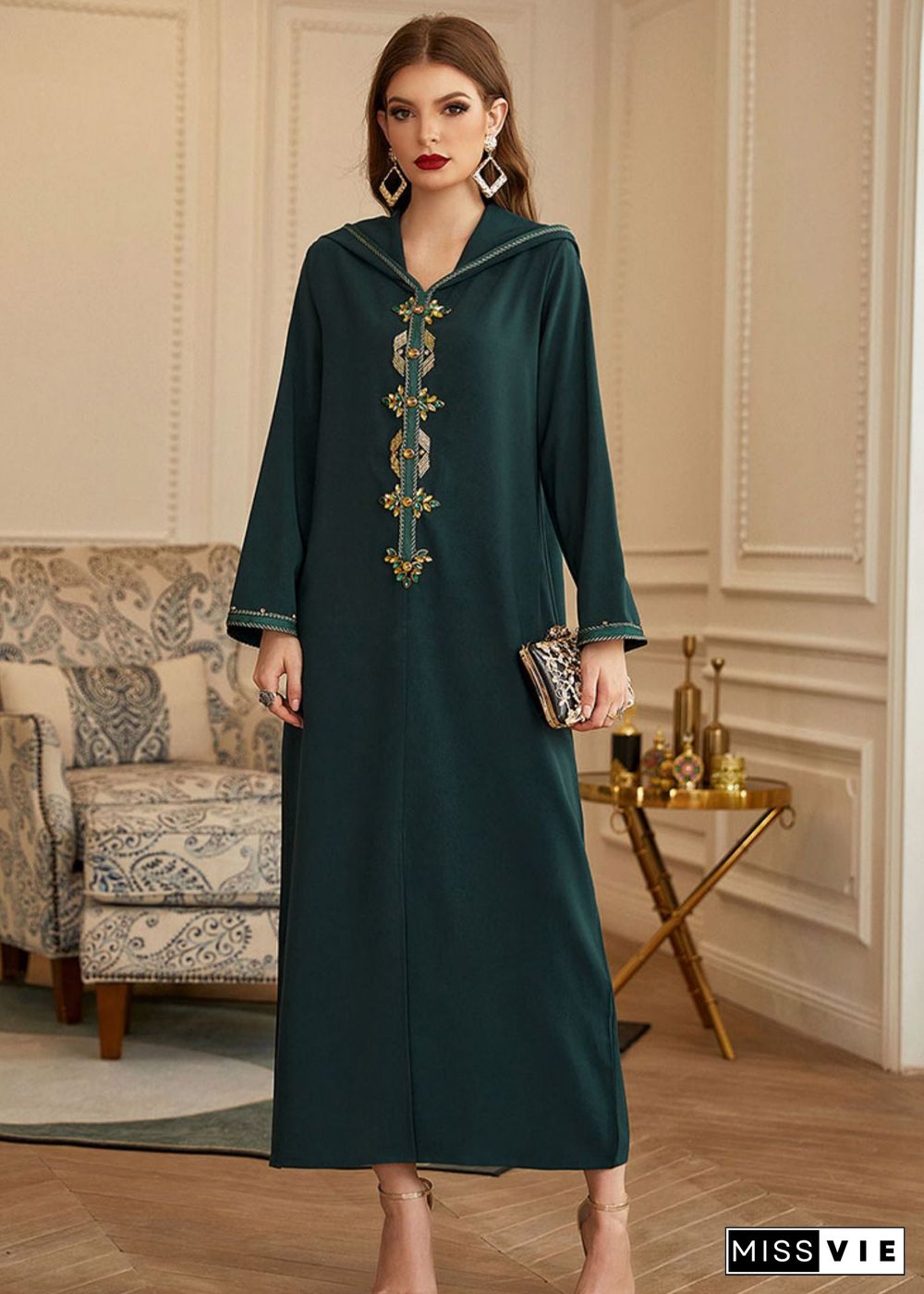 Chic Green Patchwork Zircon Hooded Silk Long Dresses Long Sleeve