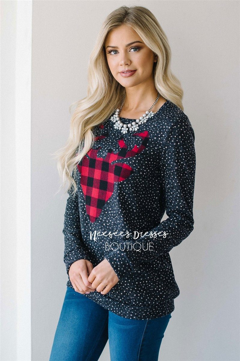 Falling Snow Plaid Reindeer Sweater