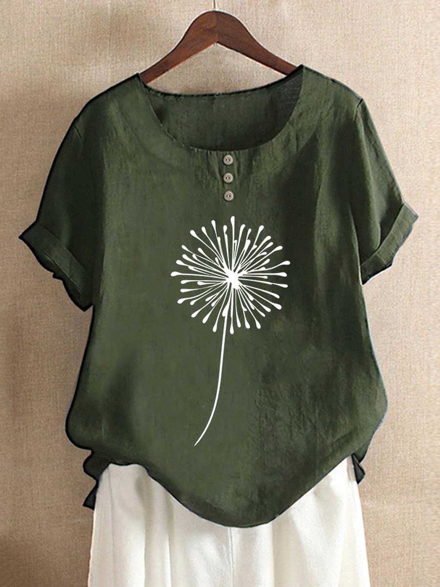 Casual Dandelion Print Button Crew Neck Short Sleeve Blouse