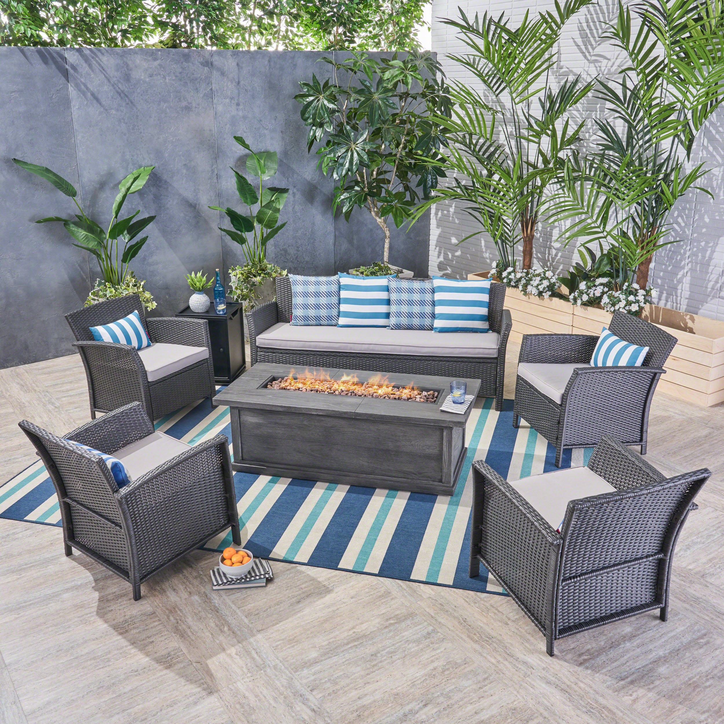 Laiah Outdoor 7 Seater Wicker Chat Set with Fire Pit