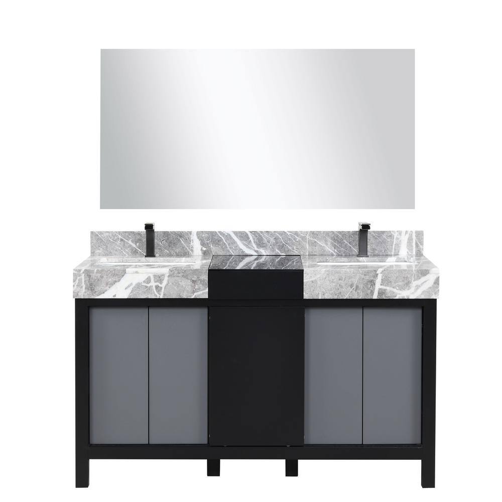 Lexora Zilara 55 in x 22 in D Black and Grey Double Bath Vanity Castle Grey Marble Top Gun Metal Faucet Set and 53 in Mirror LZ342255SLISM53FBG