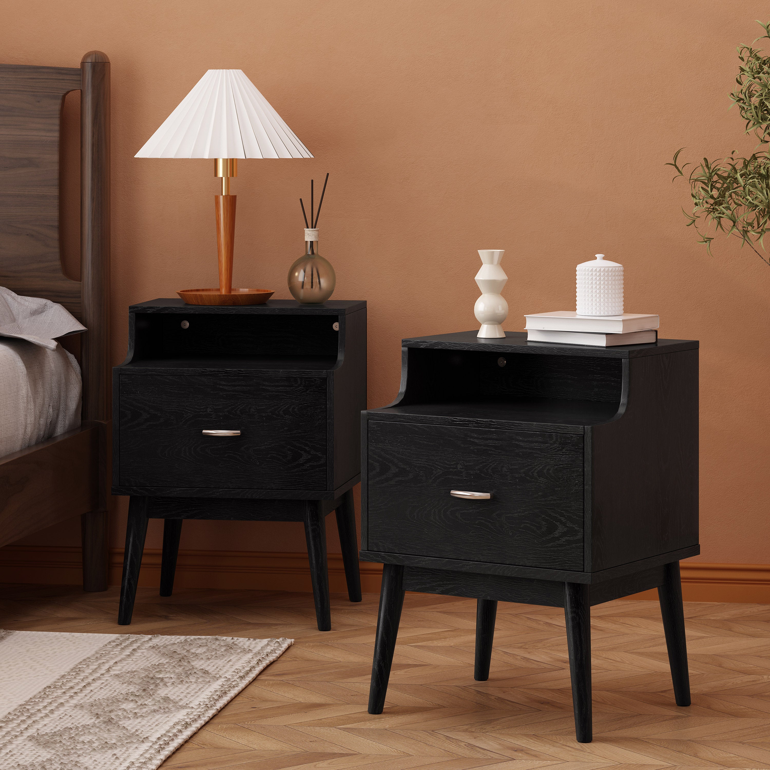 Wilbur Mid Century Wooden Nightstands with Hutch, Set of 2