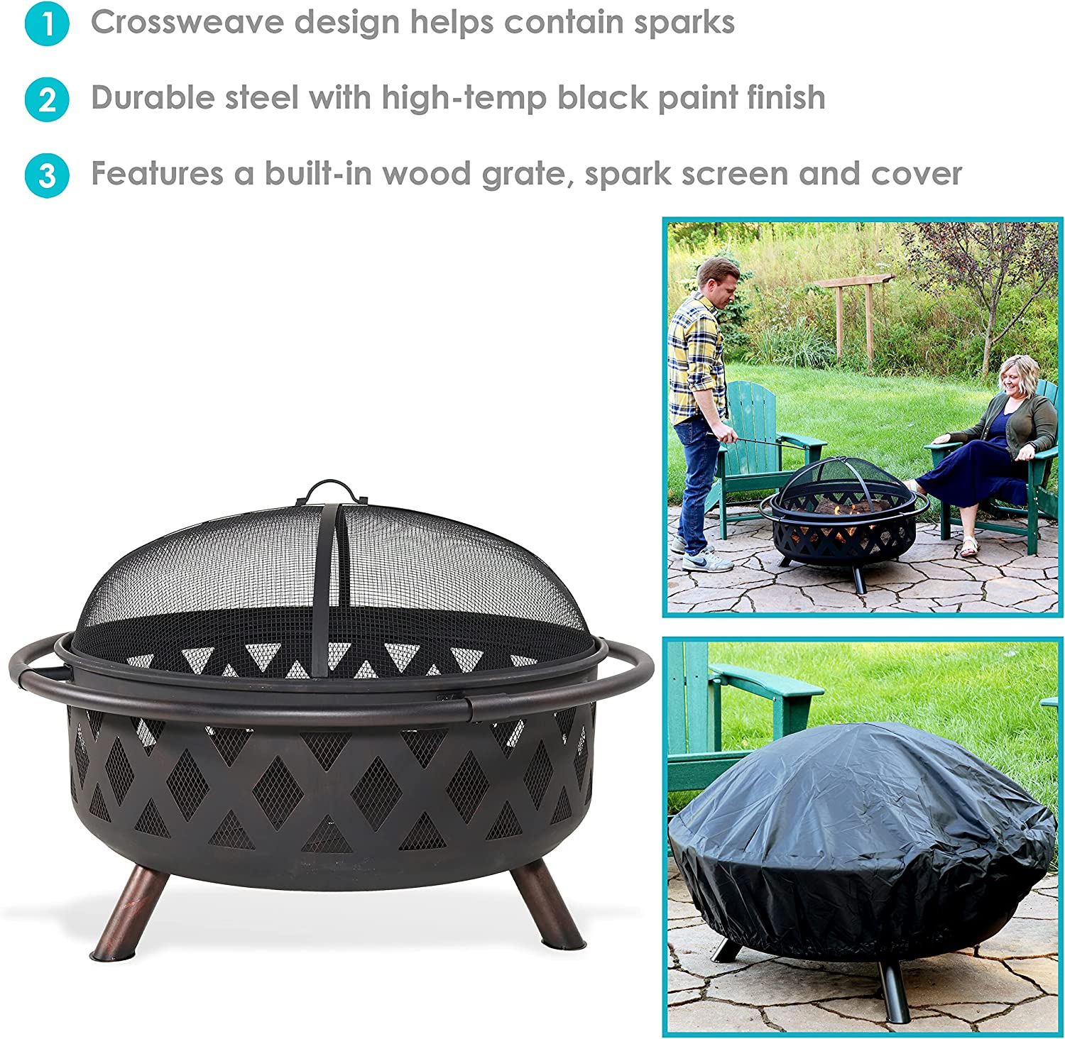 Sunnydaze Black Crossweave Large Outdoor Fire Pit - 36-Inch Heavy-Duty Wood-Burning Fire Pit with Spark Screen for Patio and Backyard Bonfires - Includes Poker and Round Fire Pit Cover