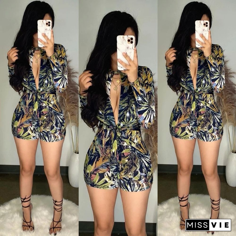 Women Mixed Print Long Sleeve High Waist Bodycon Rompers