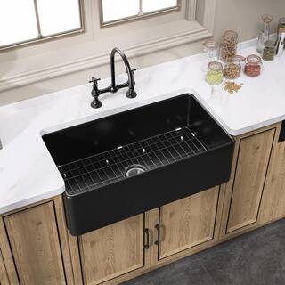 Zeafive 33 in. Fireclay Farmhouse Apron Front Single Bowl Kitchen Sink Matte Black With Bottom Grid and Strainer ZFC3318-B2