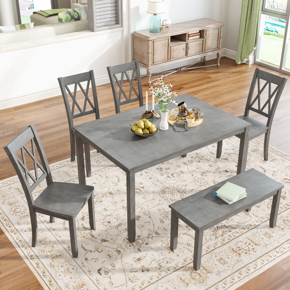 6 piece Wooden Kitchen Table set with 4 Chairs and Bench