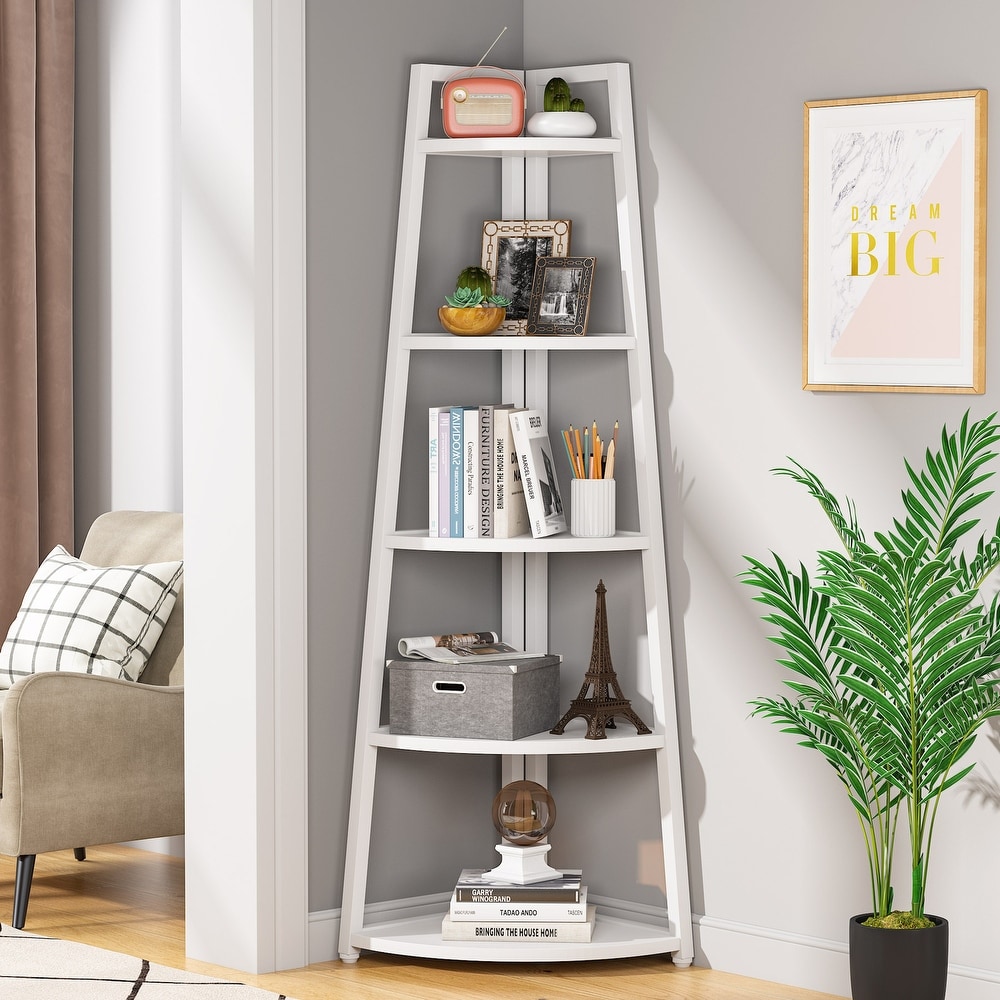 Brown/ Black Corner Ladder Shelf 5 Tier Corner Bookshelf Bookcase  White/ Gold 70 Inch Tall Display Rack for Small Space