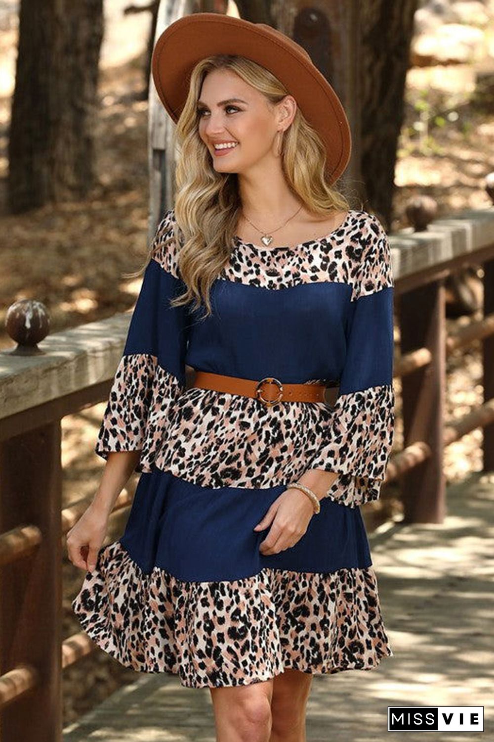 Leopard Splicing High Waist Long Sleeve Dress