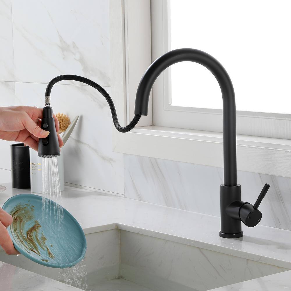 FORCLOVER Single-Handle Pull Out Sprayer Kitchen Faucet in Matte Black in Spot FRIMFTH17MB