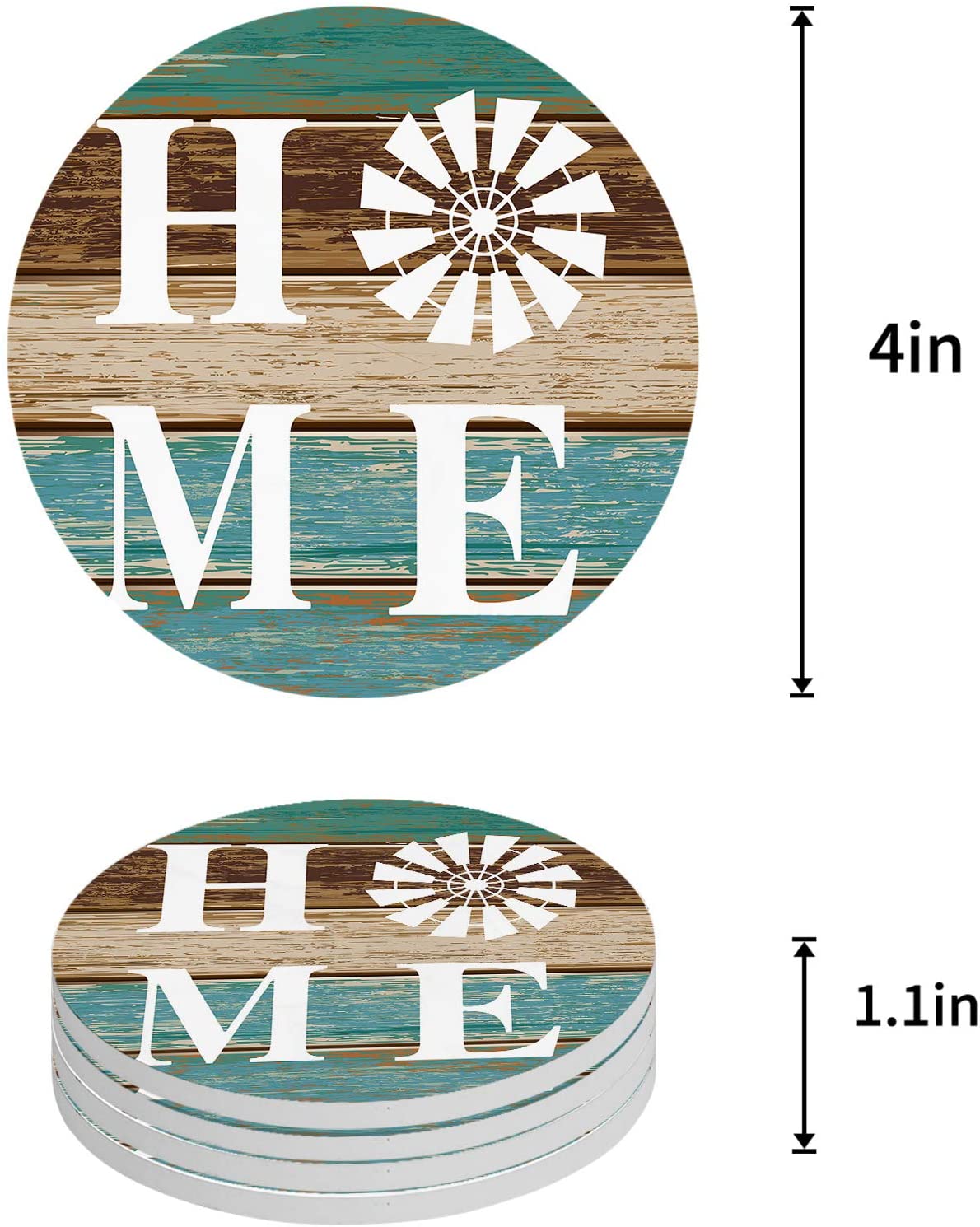 ZHANZZK Summer Farm Windmill Wood Grain Set of 4 Round Coaster for Drinks， Absorbent Ceramic Stone Coasters Cup Mat with Cork Base for Home Kitchen Room Coffee Table Bar Decor