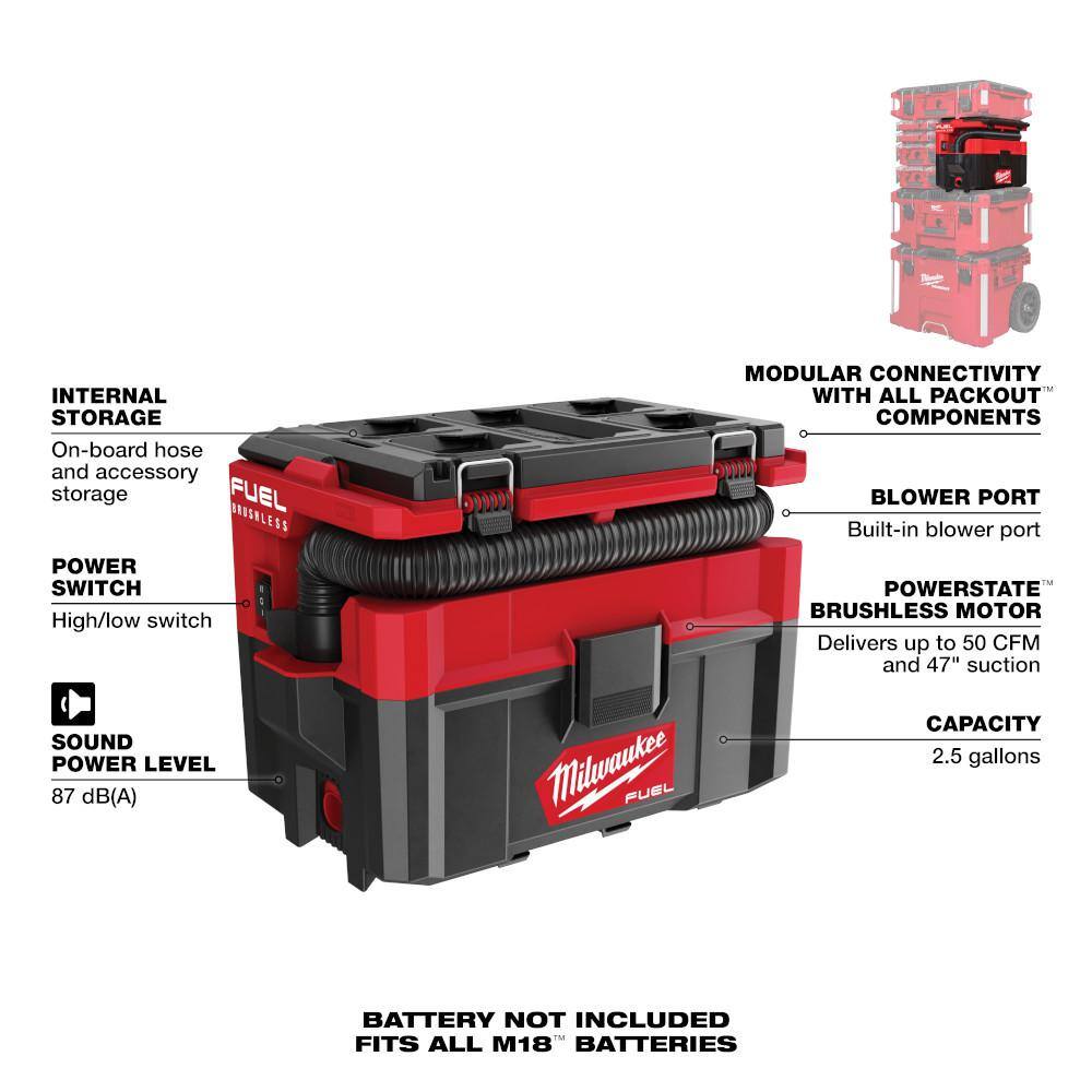 MW M18 FUEL PACKOUT Cordless 2.5 Gal. WetDry Vacuum with AIR-TIP 1-14 in. - 2-12 in. (2-Piece) Brush and Crevice Kit 0970-20-49-90-2035-49-90-2023