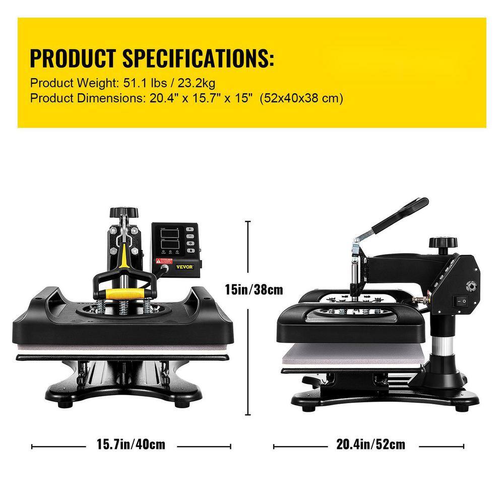 VEVOR 15 in. x 15 in. Pro Heat Press Machine 5 in 1 Combo 360 Swing Away Digital Sublimation Vinyl Transfer Printer Black TJWYXKHSP80388D1RV1