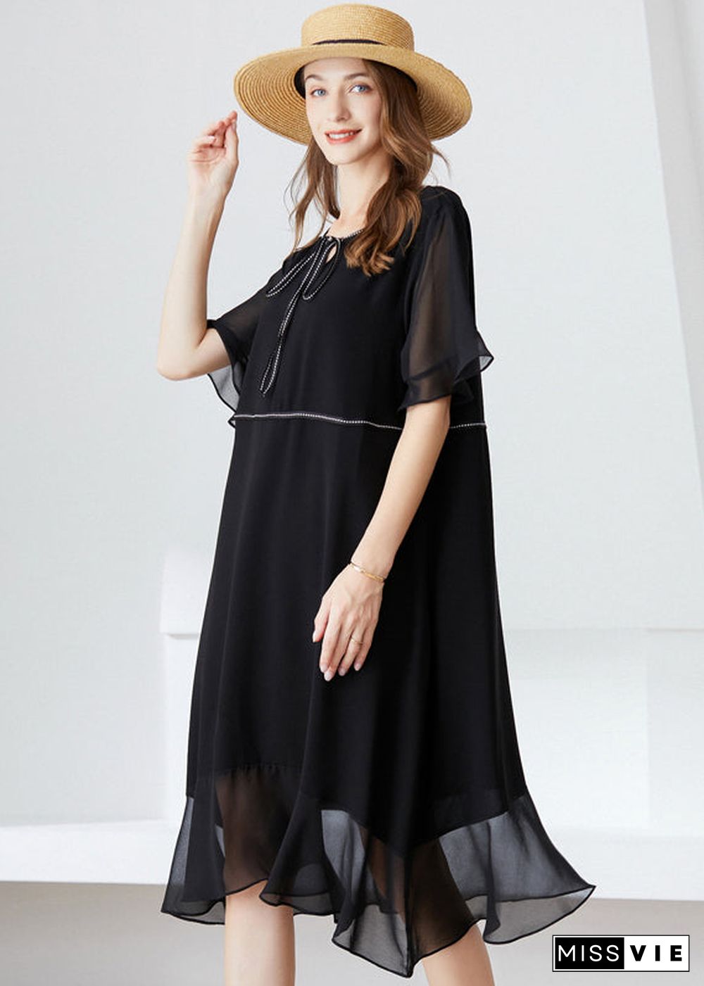 Modern Black O-Neck Ruffles Lace Up Chiffon Long Dress Summer