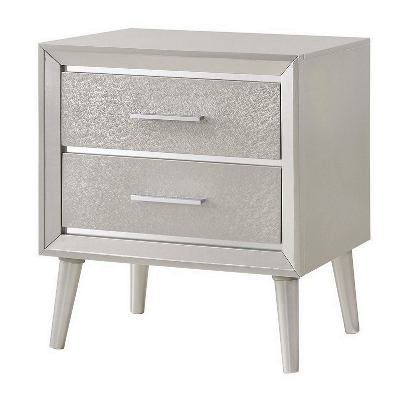 2 Drawer Contemporary Nightstand with Bar Handles and Splayed Legs， Silver