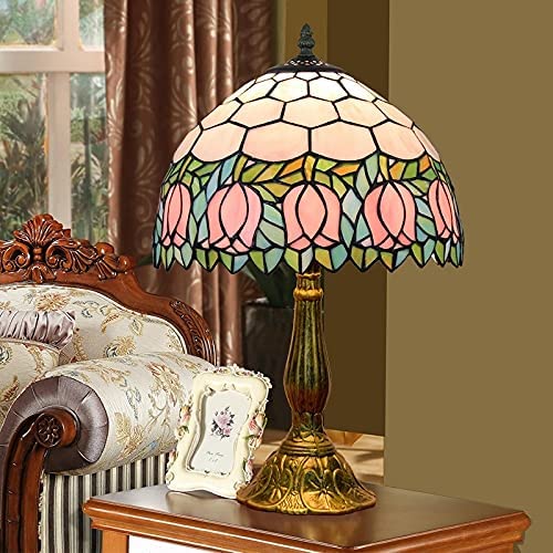 SHADY Tiffany Lamp Stained Glass Lamp Pink Tulip Bedroom Table lamp Reading Desk Light for Bedside Living Room Office Dormitory Dining Room Decorate Housewarming  12X12X18 Include Light B