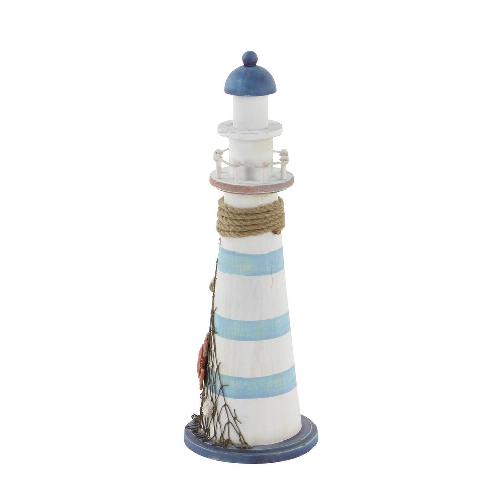 White Wood Light House Sculpture with Netting   7 x 7 x 16