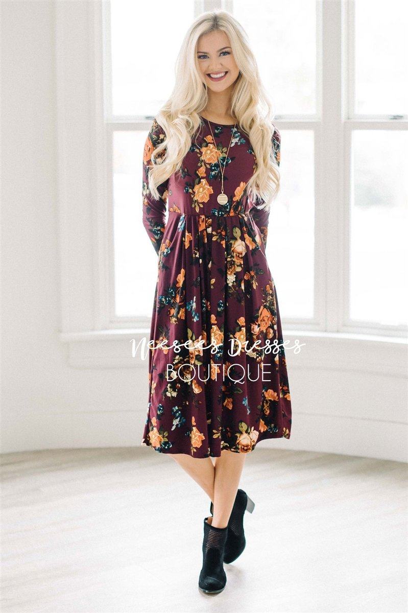 Pleated Waist Burgundy In Bloom Dress