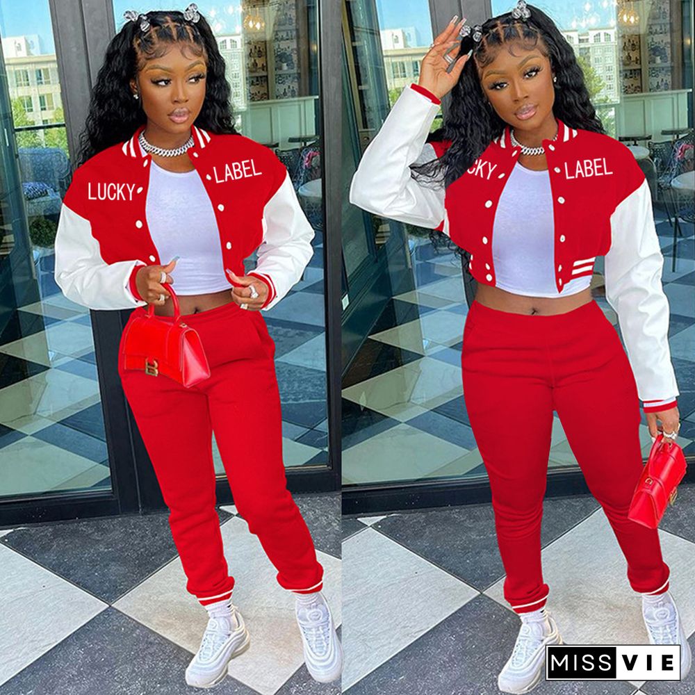 Letter Print Baseball Jacket Sporty Pants Set