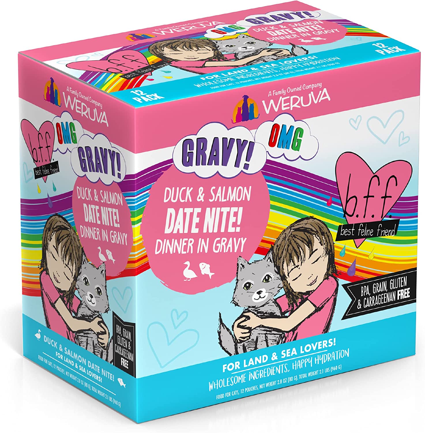 Weruva B.F.F. Omg - Best Feline Friend Oh My Gravy!， Date Nite! With Duck and Salmon In Gravy Cat Food， 2.8Oz Pouch (Pack Of 12)