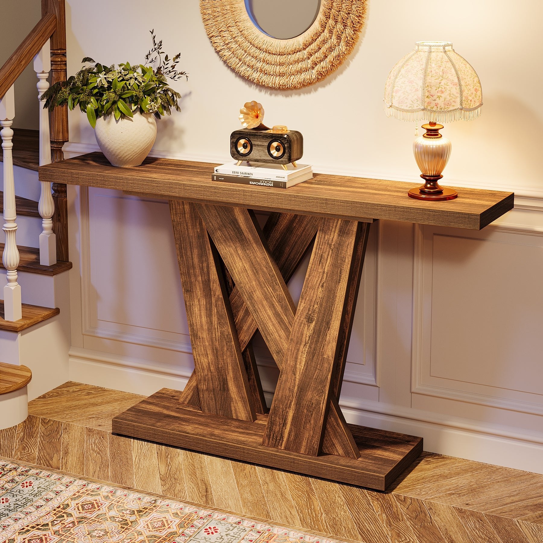 55 Console Table, Farmhouse Entryway Table With Geometric Base