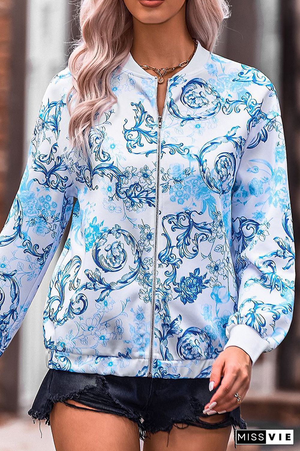 Floral Print Zipper Jacket Coat