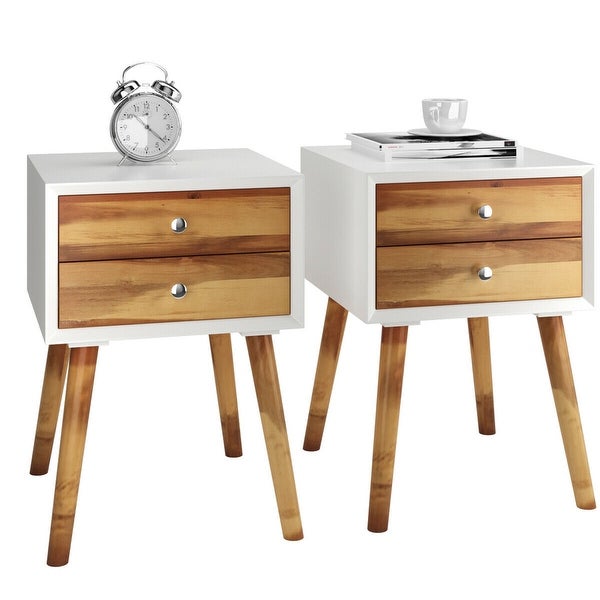 Gymax 2PCS Wooden Nightstand Mid-Century End Side Table W/2 Storage