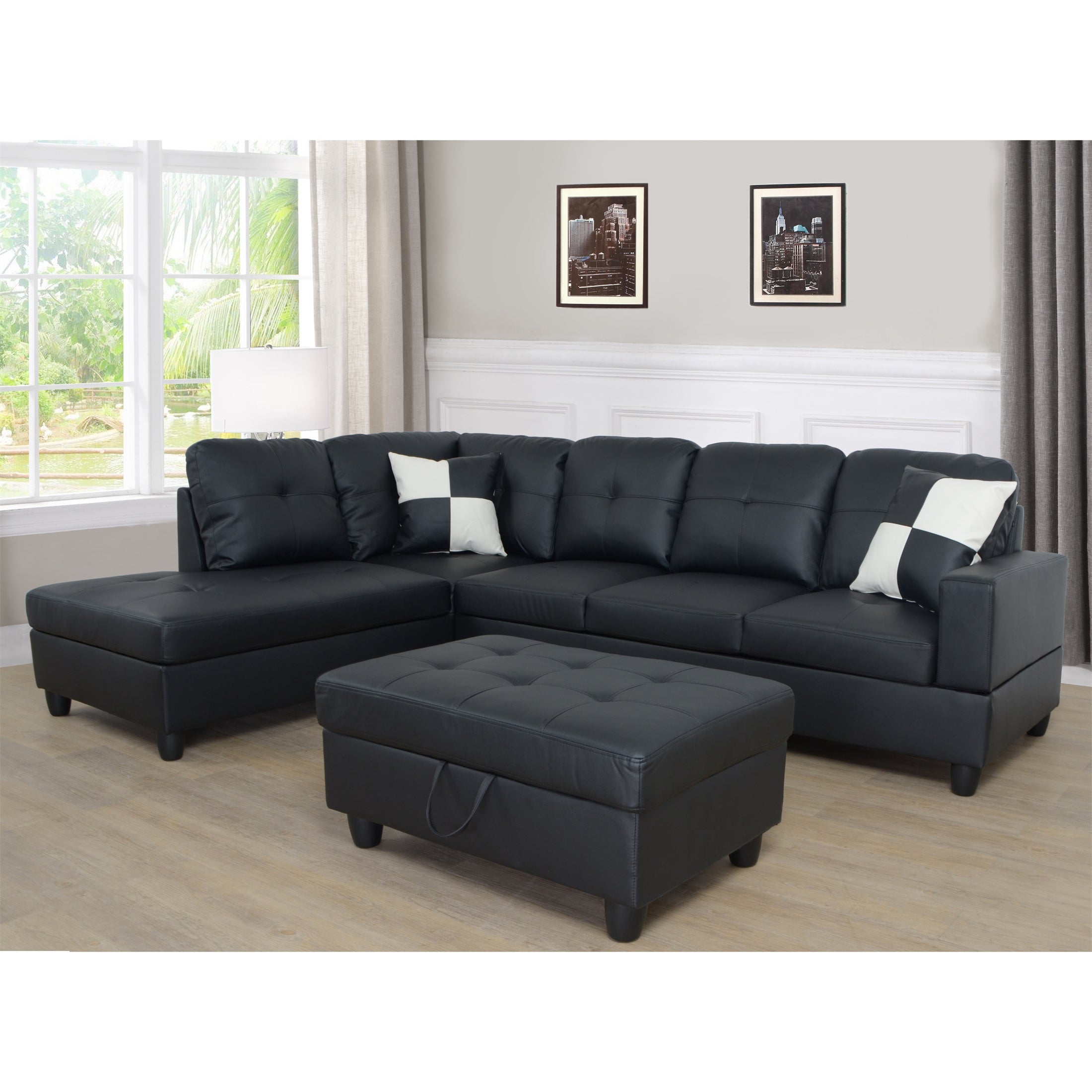 3PC Sectional Sofa Faux Leather Left-Facing Sofa Storage Ottoman Black