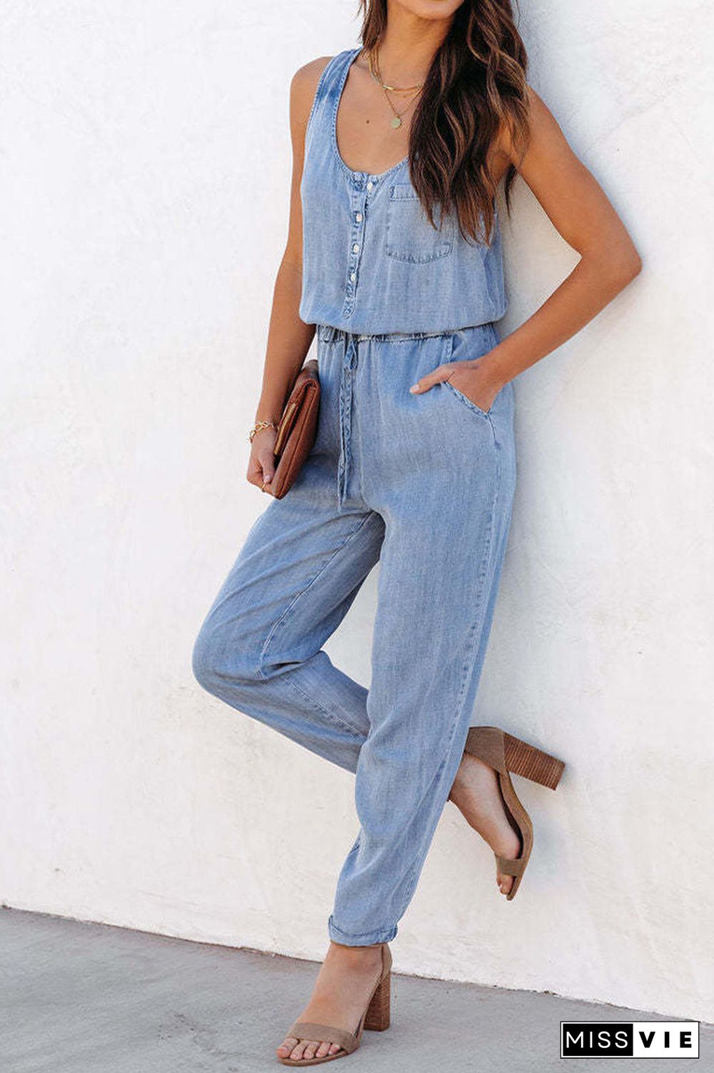 Sleeveless Denim One Piece Jumpsuit