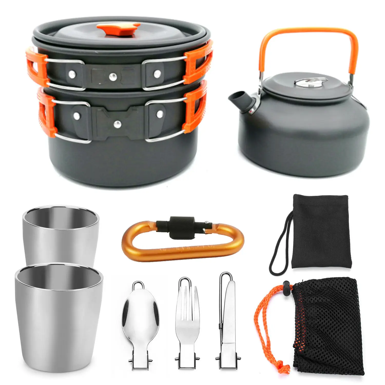 Aluminum alloy Outdoor Camping Hiking Tableware Portable Cookware Cooking Picnic Set Pot bowl Cup with Gas Stove Carabiner