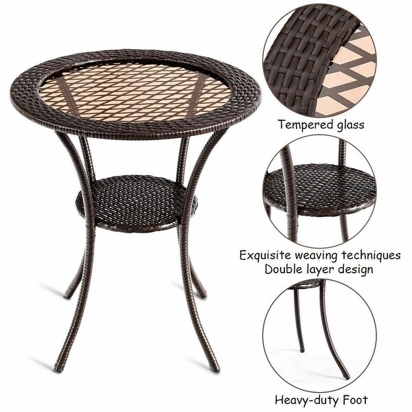 Gymax Round Rattan Wicker Coffee Table Glass Top Steel Frame Patio