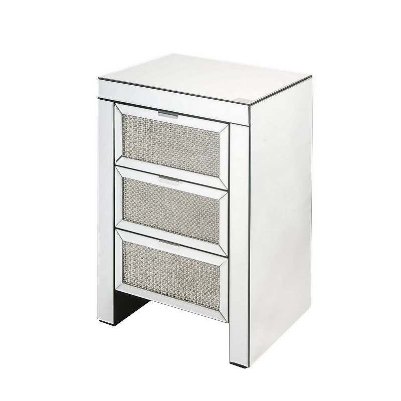 3 Drawer Beveled Mirrored Accent Table with Faux Diamond Inlay， Silver