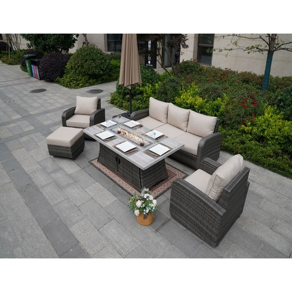 5Piece Wicker Patio Sofa Set with Gas Firepit And Ice Bucket by None