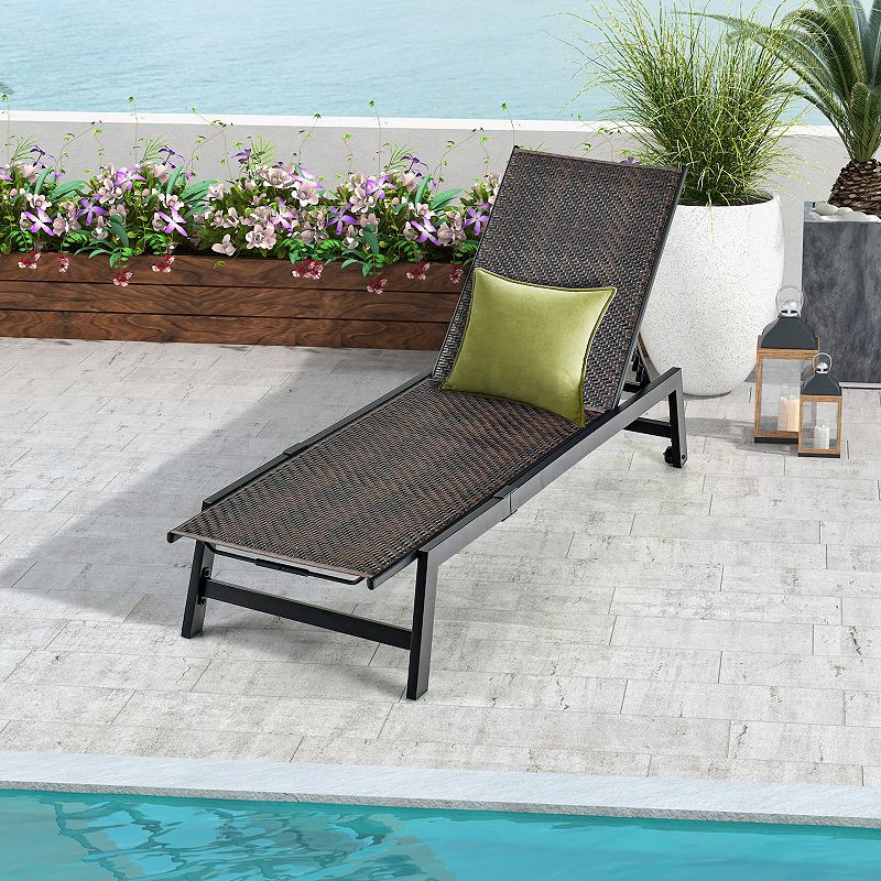 Patio PE Rattan Chaise Lounge with 5-Level Backrest and Wheels-Brown