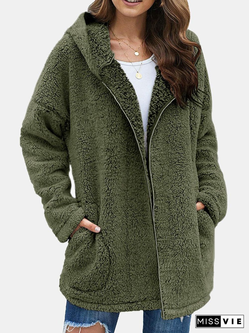 Plain Long Sleeve Hoodie Pockets Plus Size Casual Plush Coat