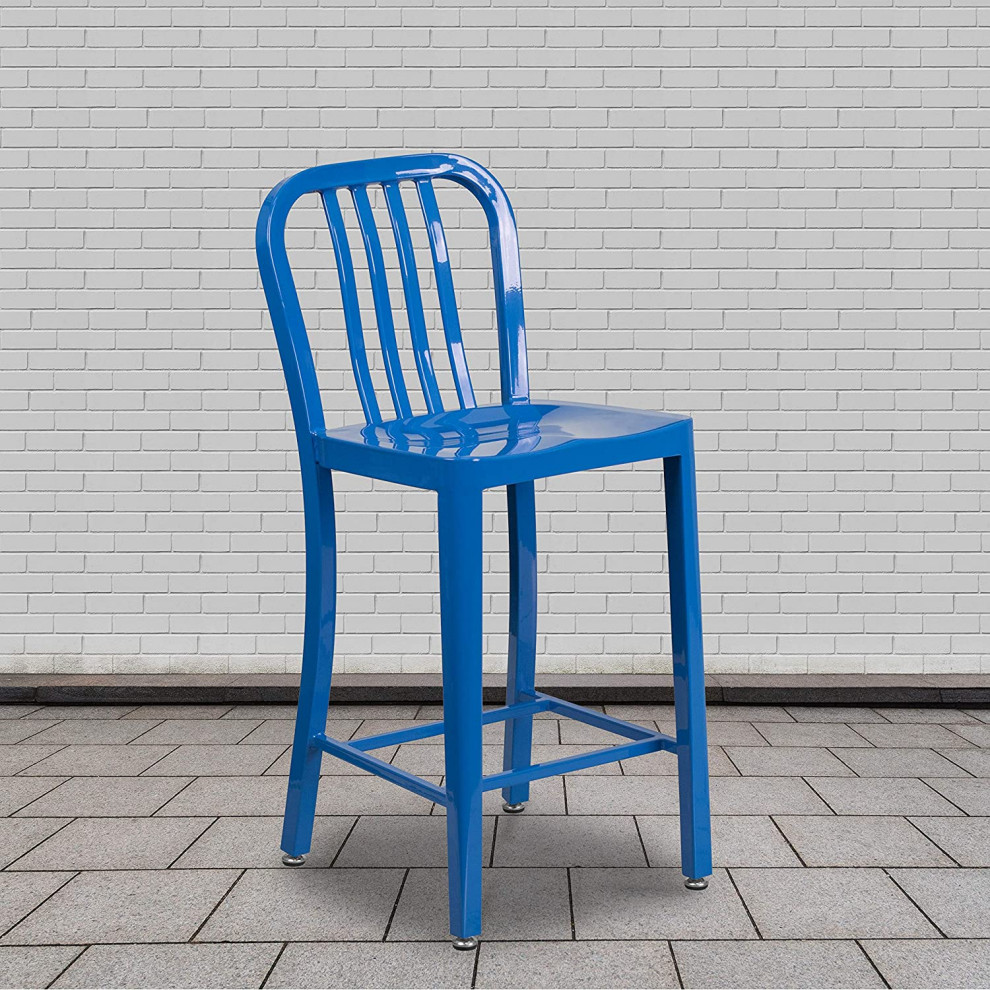 Set of 2 Counter Stool  Galvanized Metal Construction  ampSlatted Back  Gloss Blue   Contemporary   Outdoor Bar Stools And Counter Stools   by Decorn  Houzz