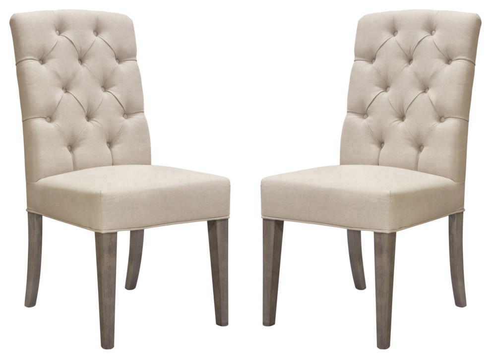 Set of 2 Napa Tufted Dining Side Chairs  Sand Linen Fabric  Wood Legs   Transitional   Dining Chairs   by HedgeApple  Houzz